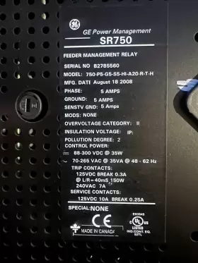 750-P5-G5-S5-HI-A20-R-T-H GE Multilin Sr Feeder Management #3