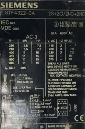 3TF4222-0A-3UA52-00-2A SIEMENS Contactor Relay #3