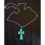 Turquoise Stone Cross Necklace 30 Silver Tone Chain Western Bo N260. Fixed Price $10.00.